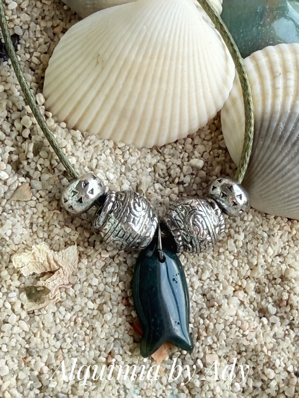 Olive cord Deep Green Carved fish 🐟 Stone Pendant Necklace with Silver Beads